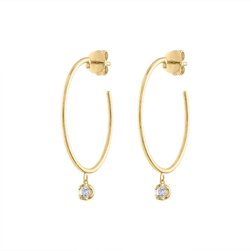 Crystal Drop Gemstone Earrings-14KT GOLD DIAMOND BEZEL DROP HOOP EARRING