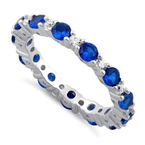 Unique Fashion Rings-Sterling Silver Eternity Blue Spinel CZ Ring