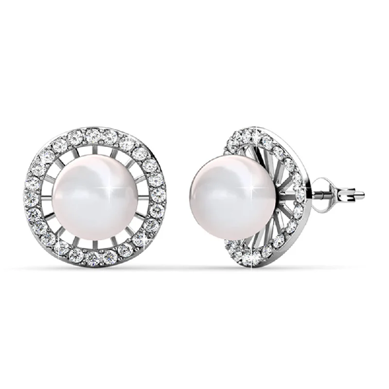 Sparkling Gold Earrings-Nina 18k White Gold Classic Pearl Halo Stud Earrings with Swarovski Crystals