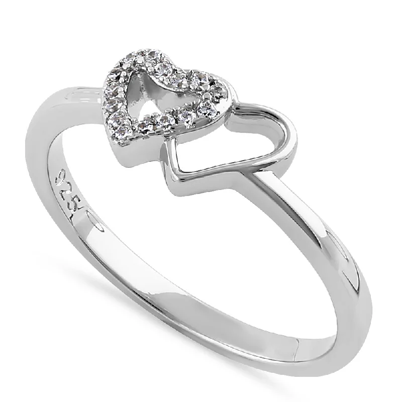 Women’s Vintage Engagement Rings-Sterling Silver Overlapping Hearts Clear CZ Ring