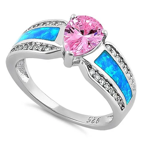 Fashion Diamond Rings for Women-Sterling Silver Illustrious Blue Lab Opal & Pink Pear Cut & Clear CZ Ring