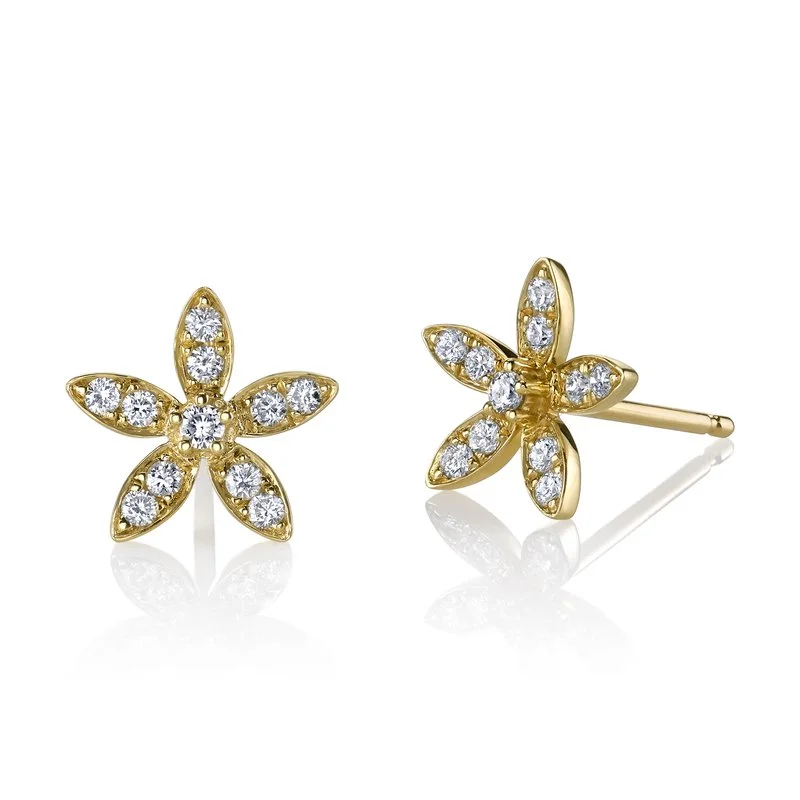 High Fashion Earrings-14K Yellow Gold 0.23ct. Diamond Floral Blossom Stud Earrings