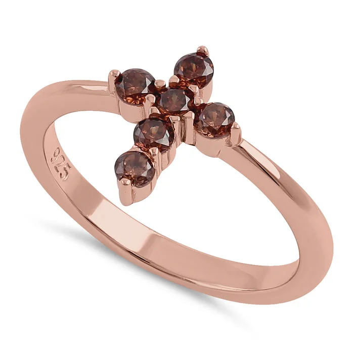 Personalized Wedding Rings-Sterling Silver Rose Gold Plating Cross Brown CZ Ring