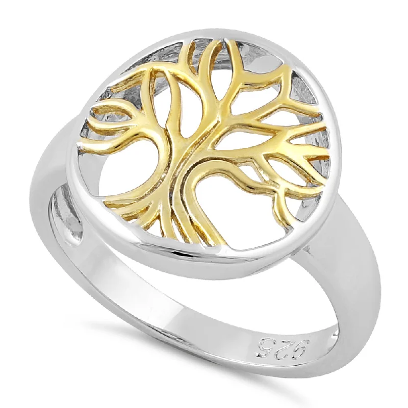 Fashionable Wedding Bands-Sterling Silver Yellow Gold Plated Tree of Life Ring