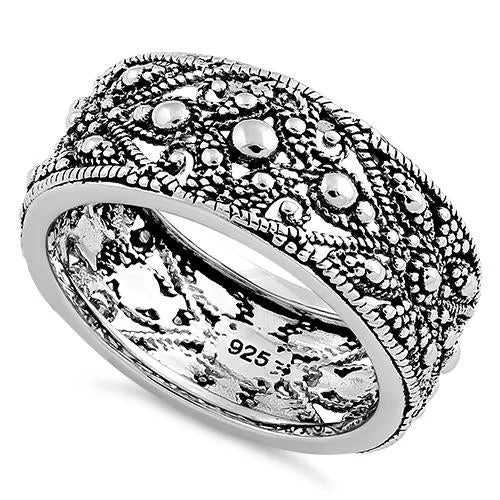 Wedding Rings for Couples-Sterling Silver Beaded Evil Eye Floral Band Ring