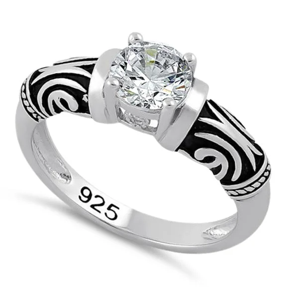 Fashionable Wedding Bands-Sterling Silver Tribal Round Cut Clear CZ Ring