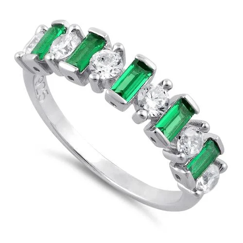 Fashionable Wedding Bands-Sterling Silver Round & Baguette Emerald CZ Ring