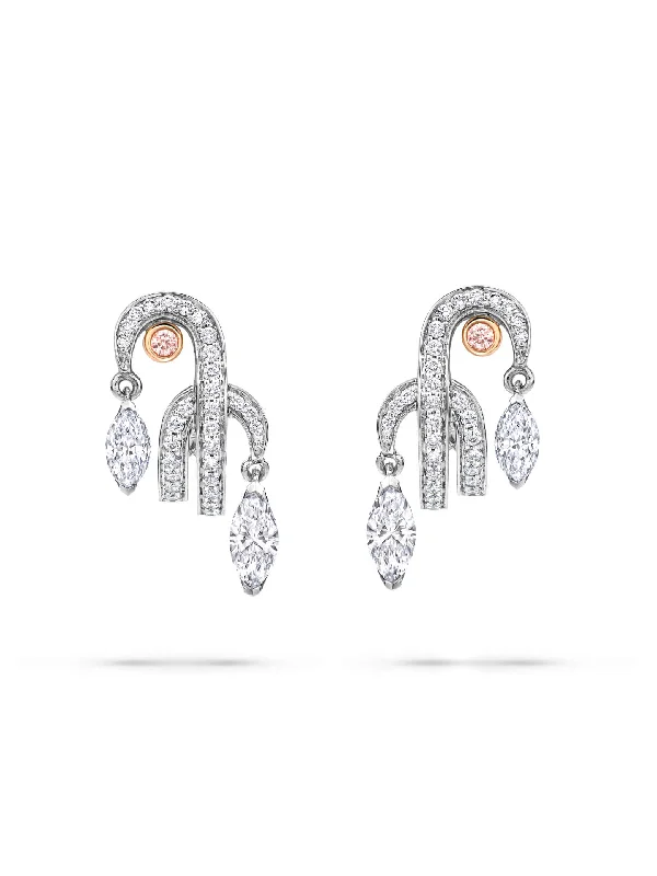 Trendy Silver Earrings-Secret Garden Pink and White Diamond Platinum Earrings