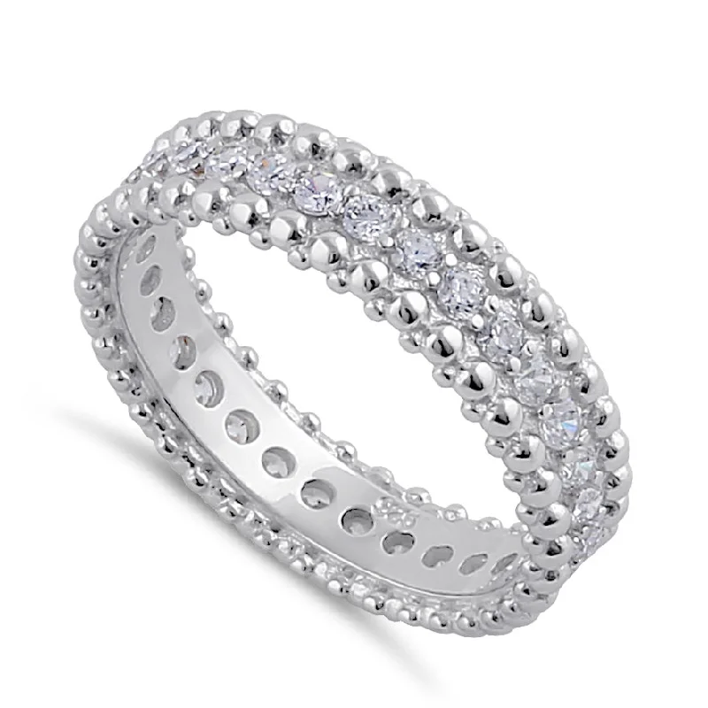 Modern Wedding Bands for Men-Sterling Silver Clear CZ Beaded Band Ring