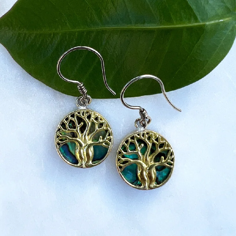 Simple Drop Gemstone Earrings-Abalone Tree of Life Earrings - Brass, Indonesia