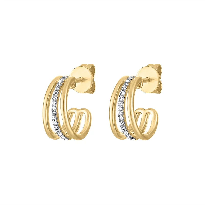 Sparkling Gold Earrings-14KT GOLD DIAMOND THREE LINE MINI HOOP EARRING