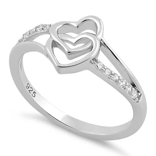 Personalized Gold Rings-Sterling Silver Double Heart CZ Ring